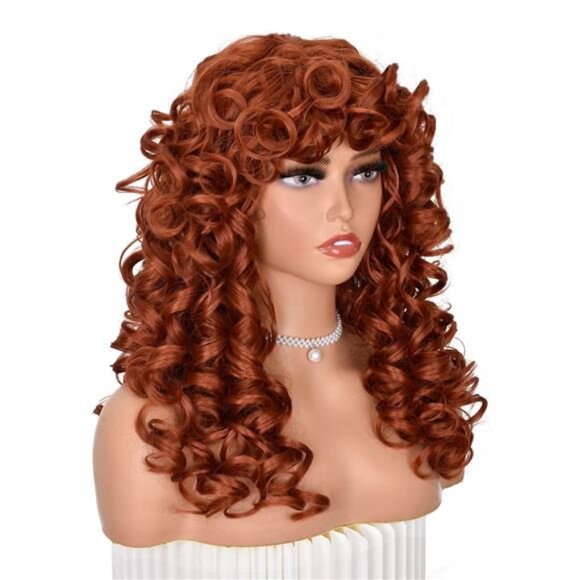 Copper Curly Wigs for Black Women Long Curly Afro Wig with Bangs for Women - Picture 4 of 7